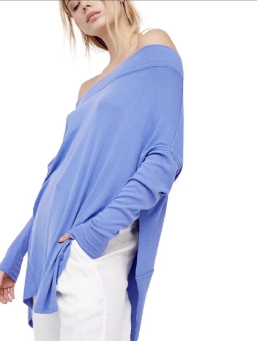 Free People “Grapevine” Lightweight Draped Neck Tunic Dress in Periwinkle Blue